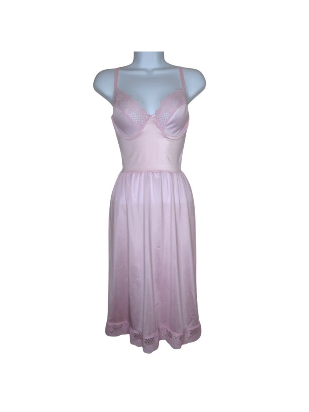 Vintage JCPenney Pink Lace Bodice Full Slip Dress 34C Nylon Spandex Made In USA
